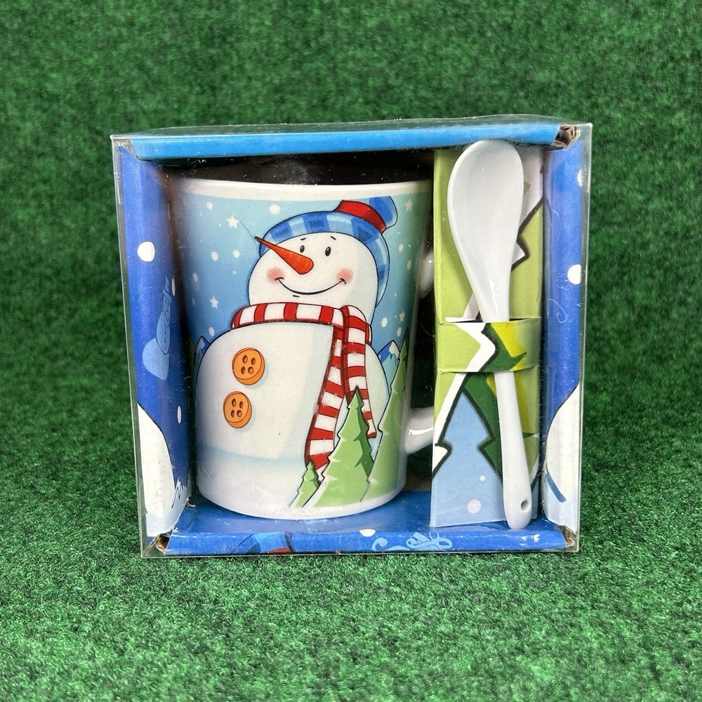 NEW Happy Holiday Snowman Mug Cocoa Coffee Tea Cup Spoon Christmas Holidays Snow